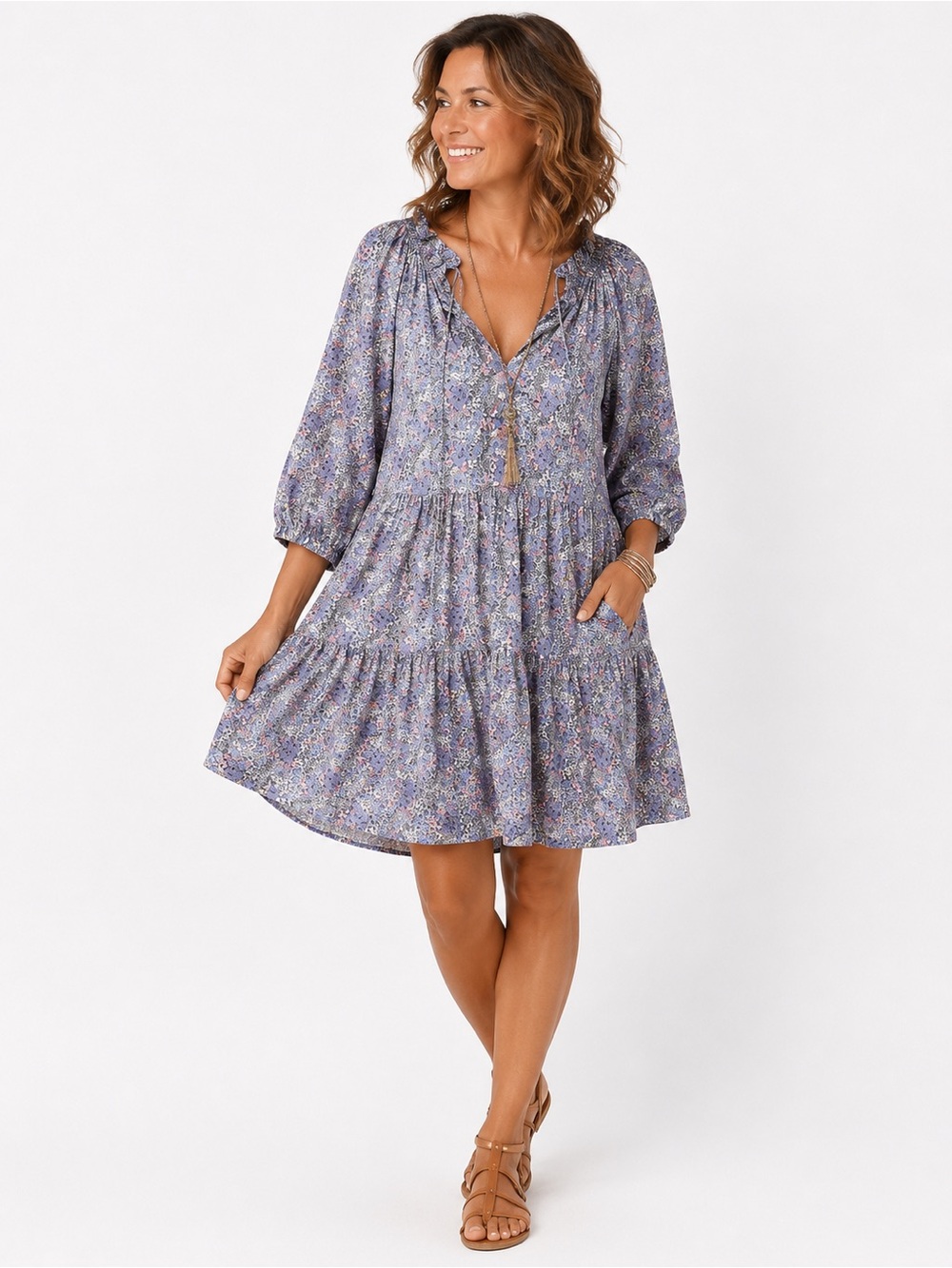Sara Campbell Lavender and Blue Floral Tiered Dress pocket
